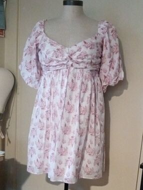 Trixxi Light Pink Floral Cottagecore  Puff-Sleeve Empire Mini Dress Cotton XL